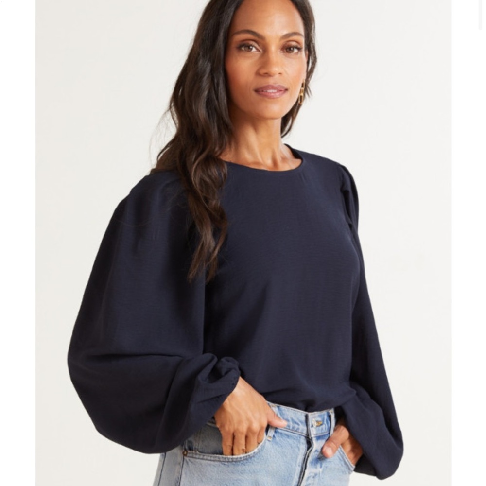 NWOT Allison Joy Lana Textured Navy Puff Sleeve Blouse - size medium